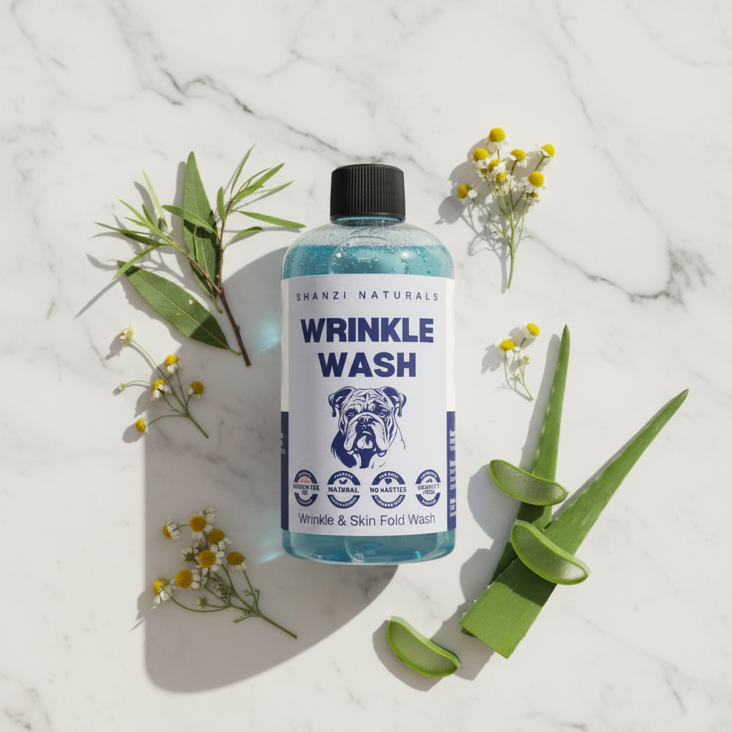Wrinkle wash bottle with black cap, blue label, surrounded by small flowers and leaves