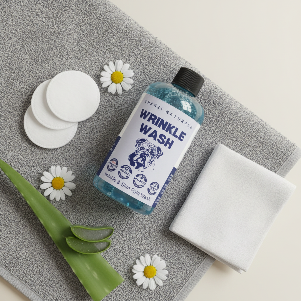Wrinkle wash bottle with black cap on a gray cloth with white pads and green aloe