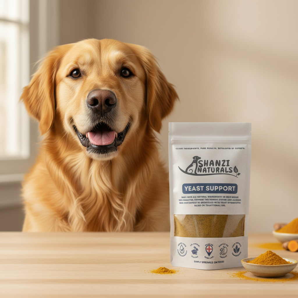 Yeast support powder pouch with SHANZI NATURALS label, tan powder beside golden retriever.