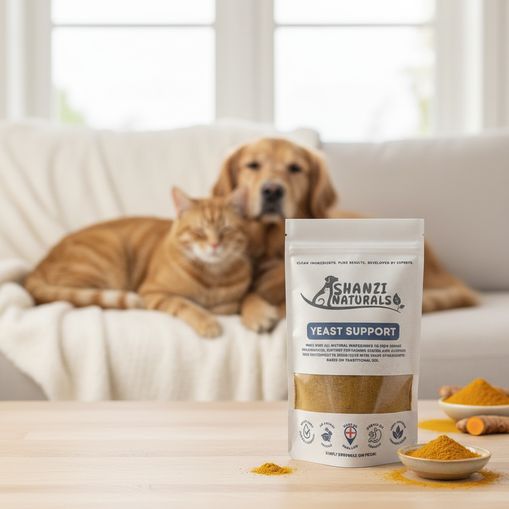 Yeast support powder pouch with SHANZI NATURALS label, tan powder near pets on couch.