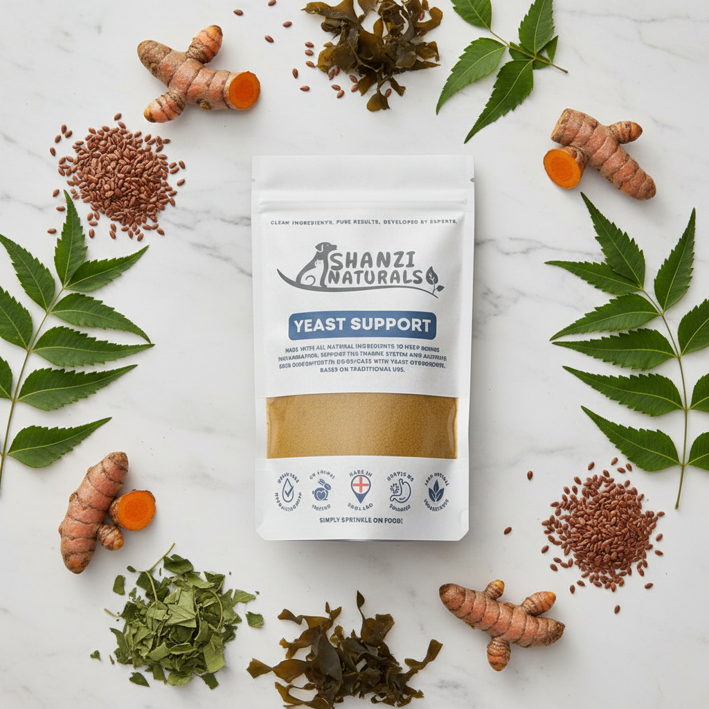 Yeast support powder pouch centered on marble with tan powder, SHANZI NATURALS label.