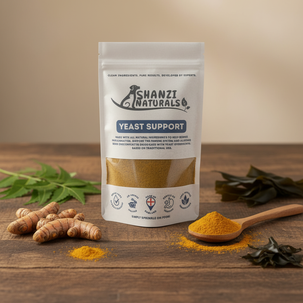 Yeast support powder pouch with SHANZI NATURALS label, white bag, tan powder.